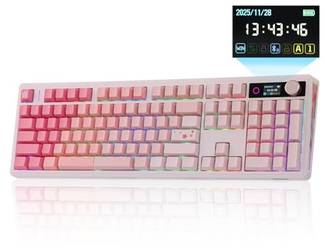 EPOMAKER TH108 V2 PRO Full-Size Mechanische Tastatur mit Screen & Knob, 10000 mAh, BT/2,4GHz, Mac-Modifier PBT Keycap, Hot-Swap, RGB, Gasket, Kabellose Gaming-Tastatur (Rosa, Sea Salt Silent)