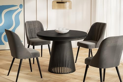 AlpiMeble Runder Esstisch Ausziehbar - Moderner Wohnzimmertisch und Küchentisch - Tisch mit Stabile Metallbeine - Durchmesser 100 cm - Farbe Painflow - Kollektion Nero