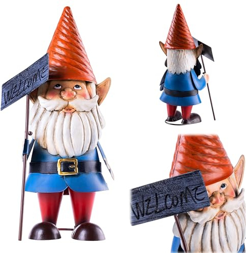 KADAX Gartenzwerg 33 cm mit Welcome Schild, Gartenfigur aus pulverbeschichtetem Stahl, Metall Gartenzwerge, Dekofigur für Draußen, Gartendeko Figur