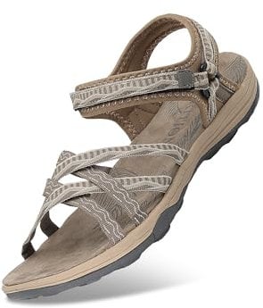 GRITION Sandales Sport Femme, Bout Ouvert Réglables Chaussures de Randonnée en Plein Air de l'Eau Cross-Tied D'été 38-Beige