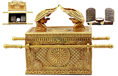 Ebros - Figura Decorativa Religiosa de Oro Mate del Arca Sagrada de la Alianza con Diez Mandamientos Varilla de Aaron y Maná, Caja de baratijas Coleccionable, réplica de Modelo histórico judaico de
