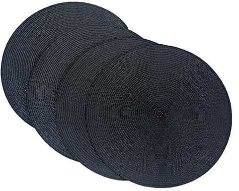 SCF2017 Round Woven Plastic Placemats 38cm Stylish and Practical Dining Table Mats,Set of 4,Black