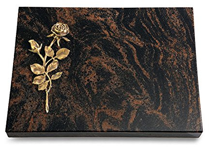 MEMORUM Grabmale Grabtafel, Grabplatte, Grabstein, Grabkissen, Urnengrabstein, Liegegrabstein Modell Pure 40 x 30 x 3-4 cm Aruba-Granit, poliert inkl. Gravur (Bronze-Ornament Rose 13)
