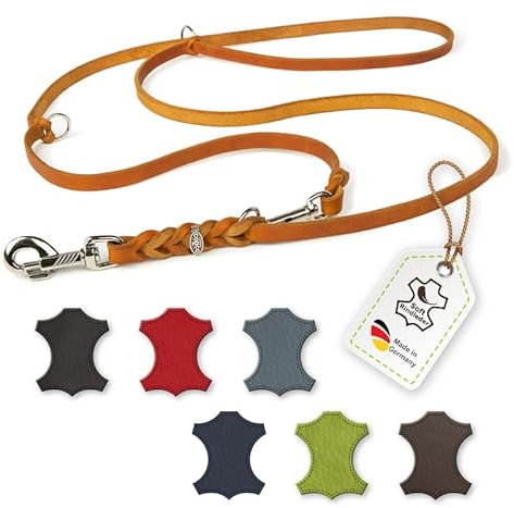 CopcoPet Hundeleine aus Fettleder 2m x 10mm Cognac – 3-Fach verstellbar, geflochten – Mit Chrombeschlägen – Grifffest, robust – Umhängeleine für kleine Hunde, ideal für Spaziergang, Training