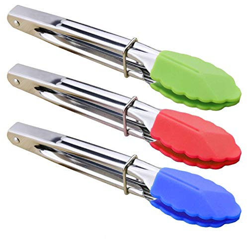 HINMAY Small Kitchen Tongs Mini Tongs with Silicone Tips 7-Inch Serving Tongs, Set of 3 (Green Red Blue)