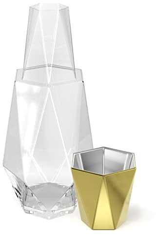 Fifth Avenue Crystal Modern Geometric Bedside Water Carafe with Tumbler- Elegant Pitcher and Matching Drinking Glass Doubles As Lid for Guest Room, Office (Gold)