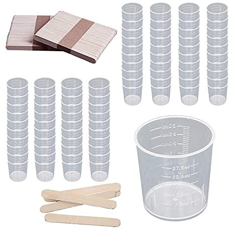 GZjiyu 80 Pcs Verre Doseur, 30ml Becher Plastique Avec 80 Pcs Touillette Bois pour la Cuisine,de Laboratoire Scolaire,Résine époxy Transparent Doseurs