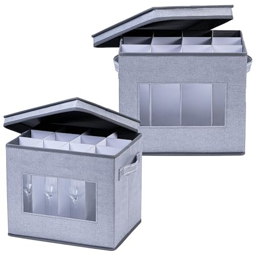 VENO 2 Pack Champagne Flute Glass Storage Box with Lid and Handles, Moving Boxes for Glasses, China Organizer Container, Glassware Holder, Dividers for 12 Glasses (2 Pack, Champagne Flute)