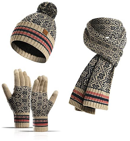 YULOONG Winter Beanie Mütze Schal Touchscreen Handschuhe 3 in 1 Set für Damen Rippstrick Beige