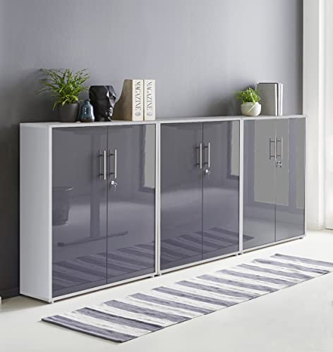 Schrankwand TABOR 9 Büroregal Aktenschrank Büroschrank abschließbar in diversen Farbvarianten (lichtgrau/anthrazit Hochglanz, 6-türig)