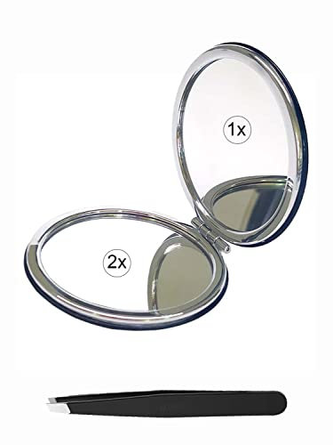 MTHGH Taschenspiegel mit 1x/2x Vergrößerung runder 8cm, Handtaschenspiegel, perfekt für Reise-Make-up, rund, tragbar, faltbar, kompakt, mit Pinzette