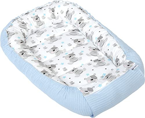 Medi Partners Babynest Nestchen für Neugeborene - 100x60x15 Babynestchen Baby zweiseitg Nest Bett 100% Baumwolle Waffel Kuschelnest tragbar (Teddybär mit hellblauen Waffel)