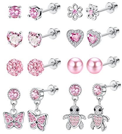 YADOCA 8 Pairs Hypoallergenic Stud Earrings for Women Girls Kids Surgical Steel Cubic Zirconia Screw Back Earring Heart Pearl Rainbow Flower Butterfly Dangle Earrings Set, Pink