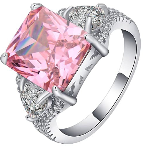 Homxi Bandring Silber Damen,4 Zinken mit Rechteckig Zirkonia Silber Rosa Ringe Frauen Kupfer Trauringe Frauen Gr.52 (16.6)