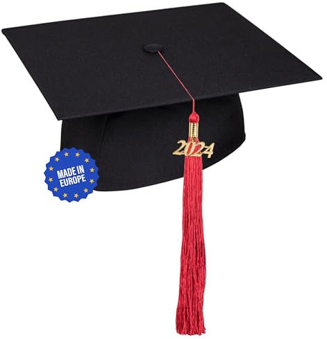 KEPI - Abschluss Hut, Doktorhut, Europäischer Hersteller, Graduation Hut im Universalgröße, Verstellbereich 54-61 cm, Quaste mit Datumsanhänger 2025, Abschlusshüte in 18 Farben - Rot