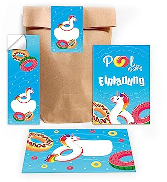 Limonia 12 Einladungskarten zum Kindergeburtstag Pool-Party Einladung Karten zum Geburtstag Bad Mädchen Jungen Schwimmbad Einhorn Donut incl. 12 Umschläge, 12 Tüten, 12 Aufkleber