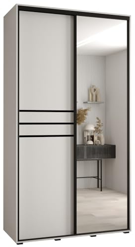 MEBLE KRYSPOL Davos 11 130 Schrank mit Zwei Schiebetüren für Schlafzimmer - Moderner Schrank mit Spiegel, Kleiderstange und Regalen - 235,2x130x60 cm - Weiß Weiß Schwarz