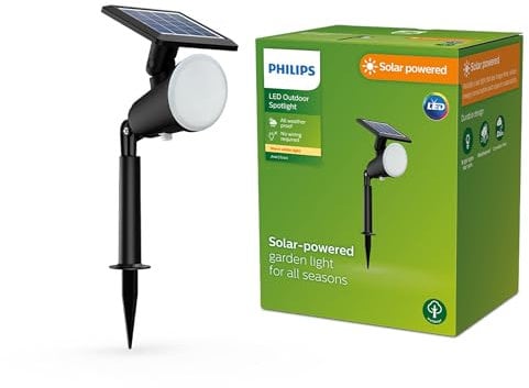 Philips Outdoor Solar Jivix Spotleuchte Spiess 1,4W, Tageslichtsensor, 2700 Kelvin warmweißes Licht, IP44 wetterfest, schwarz, Einzeplack