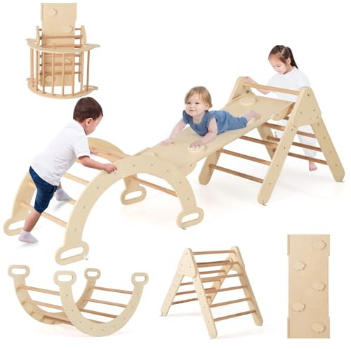 COSTWAY 7 en 1 Triángulo de Escalada de Madera para Niños, Juego de Escalada con Triángulo, Arco, Rampa para Deslizarse o Escalar, Set de Escalada Montessori para Niños 1+ Año (Natural)