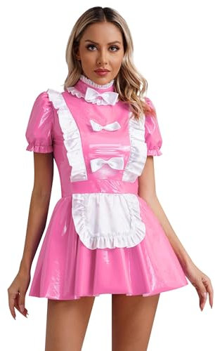YOOJIA Damen Kostüm Dienstmädchen Minikleid Lack Leder Kleid Dessous Lingerie Nachtwäsche Cosplay Uniform Clubwear Rosa L
