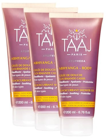 TAAJ | Abhyanga Duschgel mit schwarzen Johannisbeeren | Antioxidative Eigenschaften | Reinigt sanft die Haut | Die Haut ist zart parfümiert | Vegan | Grausamkeitsfrei | Set mit 3 x 200 ml