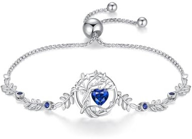 FANCIME Bracelet Arbre de Vie Femme, Argent Sterling 925 Plaqué Or Blanc 14K avec Pierres de Saphir, Bijou Cadeau Anniversaire, Longueur Réglable