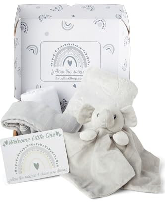 Baby Box Shop - 5 Articoli Essenziali per Neonato Ideali come Regali per Baby Shower e Battesimo Neonato Unisex, Piumino per Bambini con Elefante, Coperta in Pile, 2 Panni in Mussola