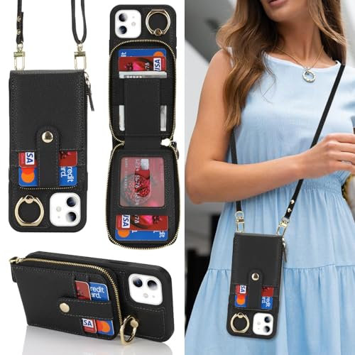 SailorTech per iPhone 11 Custodia per telefono Supporto ad anello con portacarte per donne, iPhone 11 Custodia a tracolla Portafoglio con cerniera per carta di credito-Nero