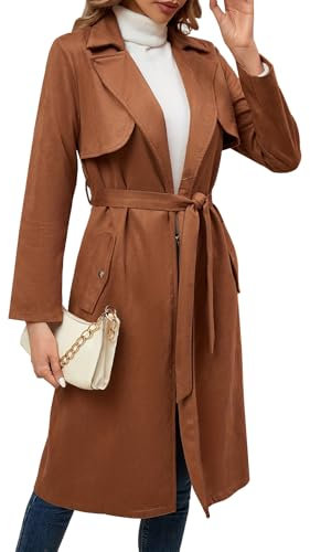 AGYMNX Cappotto di camoscio da donna lungo trench con cintura in pelle scamosciata cappotto autunno giacca giacca da donna giacca a vento cappotto con tasche, caffè, S