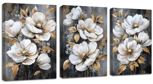 3 Pcs Cadre en Bois Impression sur Toile Fleurs de Pivoine Blanche Image sur Toile Peintures Vintage Floral Grey Or Feuille Mural Tableau Decoration Murale Salon Chambre prêt à accrocher 40×60cm×3