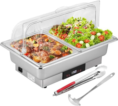 YUCHENGTECH Electric Chafing Dish Buffet Set 9L Stainless Steel Chafing Dishes and Food Warmers with Temperature Control and Clear Roll Lid for Catering Wedding Parties Restaurants Entertaining 220V