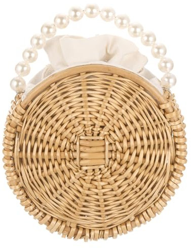 QUARKZMAN Sac Bandoulière Paille pour Femme, Sac Rond Rotin Pochette Paille Sac Main Rotin Tissé Sac Main Rotin Fourre-Tout avec Poignée Rigide pour été Plage Voyages