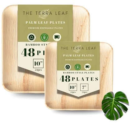 48pcs Disposable Palm Leaf Plates, 10(25cm) & 7(18cm) Large & Small Square, Eco Friendly Biodegradable Compostable Like Wooden, Bamboo, Paper Plates for Hot Food, Picnic Wedding Parties