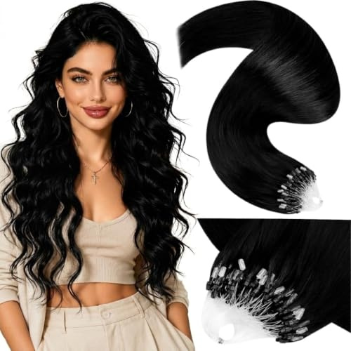 LaaVoo Microring Extensions Echthaar Schwarz 40cm Micro Loop Extensions Echthaar Unsichtbar Microrings Haarverlängerung Bondings Glatt #1 50G/50s