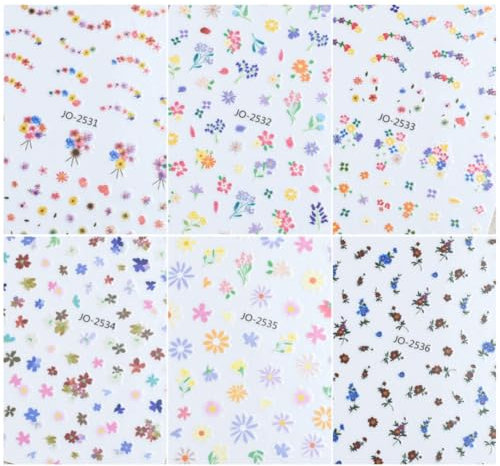 Bkemkri 6 Feuilles Fleurs Stickers Ongle Nail Art 5D Autocollant Autoadhésif Deco Design Manucure pour Bricolage Enfant Mignon Décoration Ongle Fête Motif Accessoires (Livré avec 1 pince à épiler)