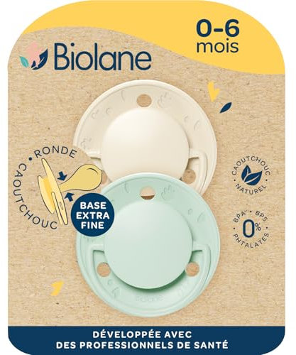 BIOLANE - Runder Schnuller | Extra Dünne Schnuller | 0-6 Monate | Grün & Beige | Naturkautschuk Sauger | Fördert die Mundentwicklung | Weich und bequem