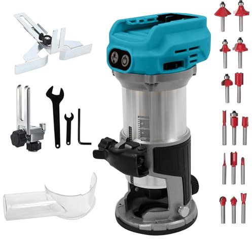 Palm Router Trimmer, strumento senza fili per legno compatibile con batteria Makita 18V -21V, motore brushless da 800 W con 15 punte per router con gambo da 1/3, 10000-30000min/r, 6 velocità