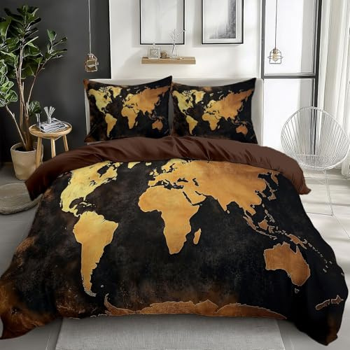 Generisch Dunkelkastanie Bettbezug 135x200 cm Vintage goldene Karte Bettbezug Bettwäsche-Set für Jungen Mädchen Kinder Weiche Polyester-Baumwolle Wende Bettwäsche mit 2 Kissenbezug