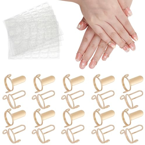 arricraft 20 anneau à Ongles Doré Faux Ongles Réglables en Laiton avec 120 languette Adhésive Anneau Amovible Réutilisable pour Décoration D'Ongles pour Femmes