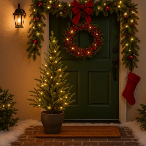Árbol de Navidad Norway en maceta con luces LED cálidas, PE/PVC realista, temporizador, 8 efectos de luz, uso interior/exterior, preiluminado 120 cm – Varzi desde 1956