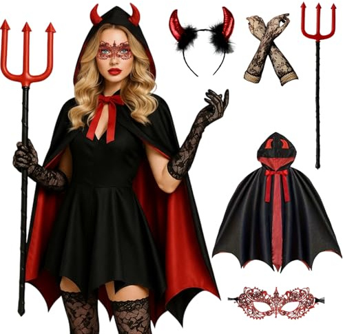 Moerstar Karneval Teufel Kostüm Damen, Teufel umhang Set mit Kapuzen Umhang Teufelsgabel Teufelshörner Spitzen Augenmaske Teufelkostüm Damen für Halloween Karneval Party