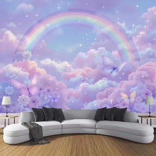 ZISTRCBAO Rainbow Clouds Butterfly Floral Mural Wallpaper, Watercolor Dream Panoramic Wallpaper, Wall Mural Decoration Poster 150x105cm Murals for Living Room Bedroom Hallway, Pink Purple