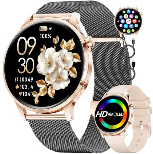 Smartwatch Damen mit Telefonfunktion, 1,32'' HD AMOLED Display Armbanduhr, 100+ Sportmodi Fitnessuhr, Schrittzähler, Herzfrequenz, Schlafmonitor, IP68 Wasserdicht, Elegante Smartwatch für iOS Android