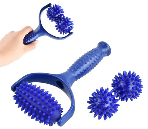 Rouleau de Massage avec Poignée, Rouleau d'auto-massage avec 3 Balles Hérissons Interchangeables, Appareils Masseur Boule Fascia pour Jambes, Dos, Bras, Muscles, Douleurs Musculaires, Bleu