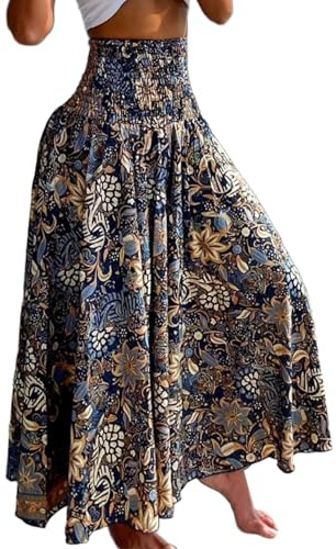 CHICME Boho Floral Shirred High Waisted Wide Leg Pants Flowy Palazzo Pants Summer Beach Vacation Wear-bl-M A-Blue