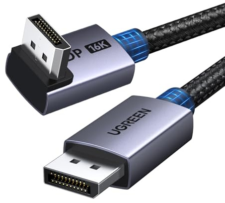 UGREEN 16K@60Hz DisplayPort 6.6FT 2.1 Cable 2M 80Gbps 8K@240Hz 4K@480Hz 90° | Right Angle HDR DP 2.1 to DP FreeSync G-Sync HDCP 2.3 DSC 1.2a for Gaming Monitor Wall-Mounted TV PC