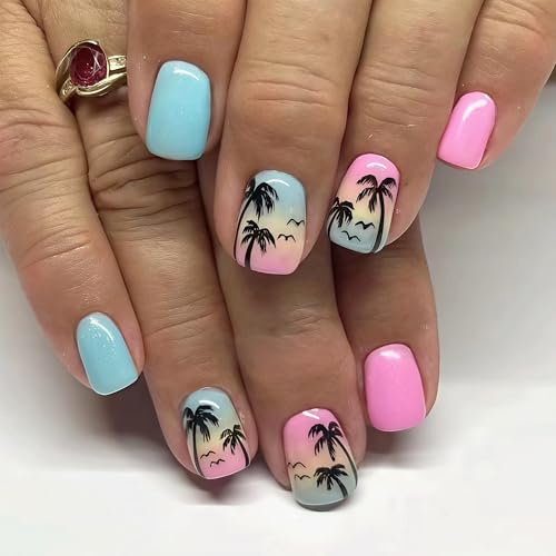 Hawaiian Beach Press on Nails Medium Square Fake Nails Coconut Trees False Nails with Ocean Blue Pink Design Stick on Nails for Women Girls Manicure Decoration 24 Pcs