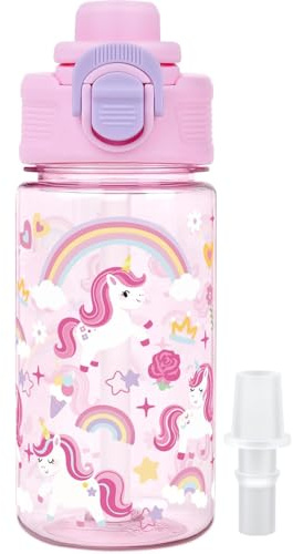 wooshwa Kids Water Bottle for School, 380ml Leakproof Straw Water Bottle | Silicone Spout Replacement, Dishwasher Safe for Girls and Boys (Pink Unicorn)