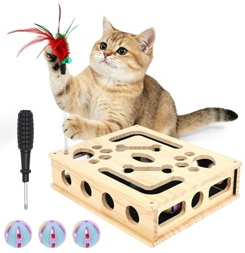 Cat Scratch Puzzle Enrichment Box, with Sandpaper Inside Toy Balls, Large Solid Wood Interactive Cat Nail File Box Toy, Stress-Free Claw Care Alternative, for Indoor Cats Scratching