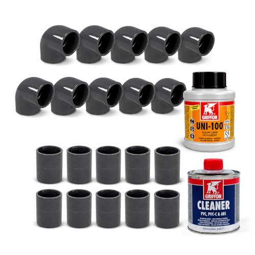 POOL Total PVC Anschluss-Set Ø 50 mm - 22-teilig - 10x Winkel 90° 10x Muffe - inkl. Griffon Kleber Uni 100 & Cleaner - PVC-U Klebefittings 16 bar